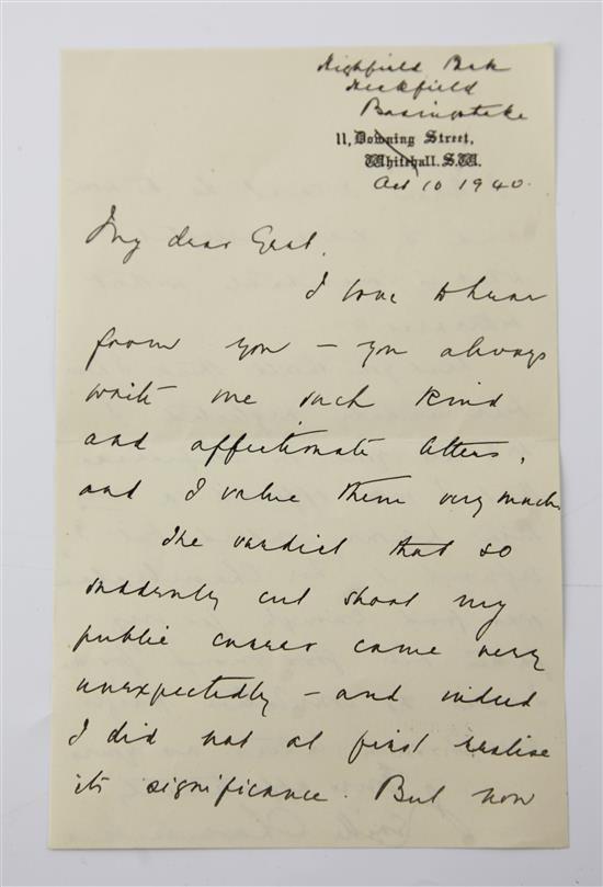 Chamberlain, Neville (1869- 9th Nov.1940) - Manuscript letter,